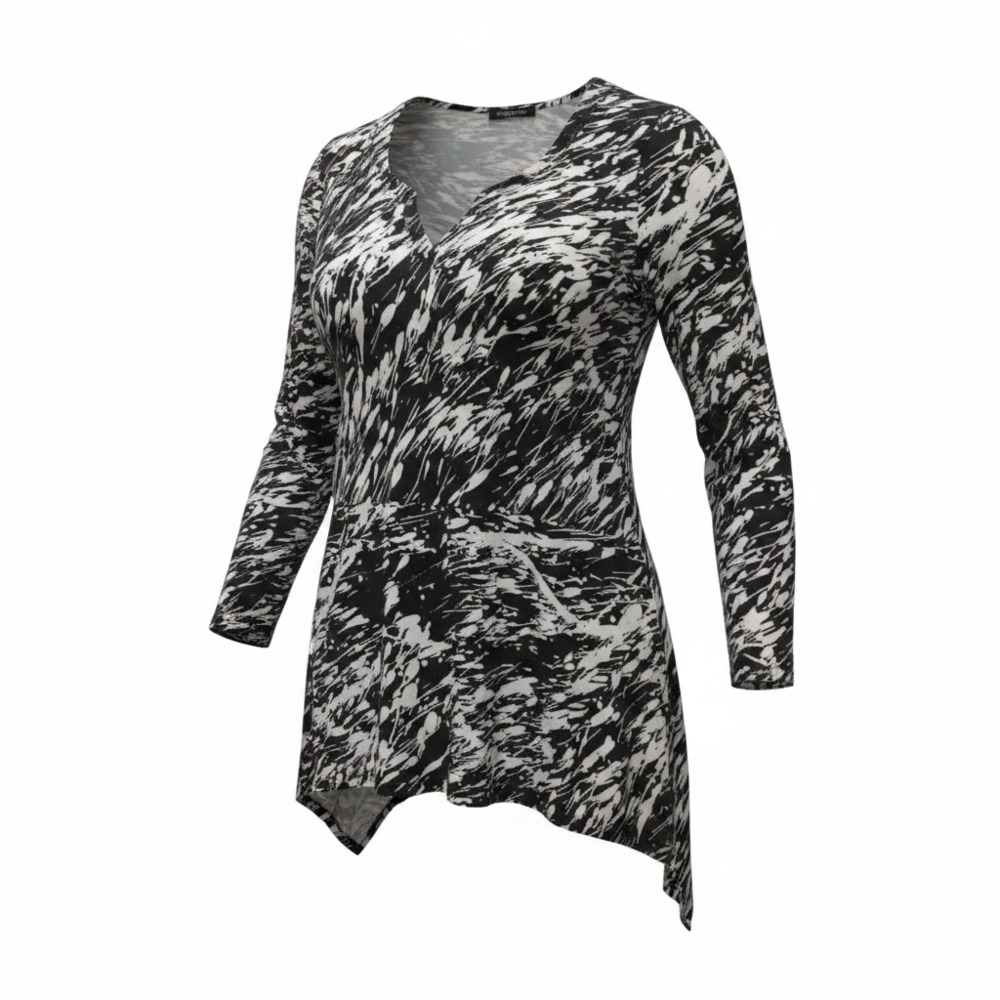 Robert Louis Black and White Abstract Print Asymmetrical Hem Tunic Top